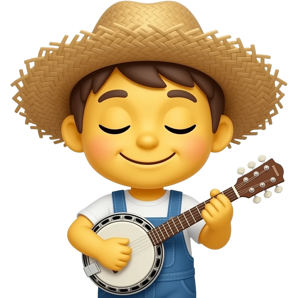 Little miniature yellow emoji smiling, mouth closed, wearing messy straw hat playing banjo, wearing coveralls, eyes closed emoji