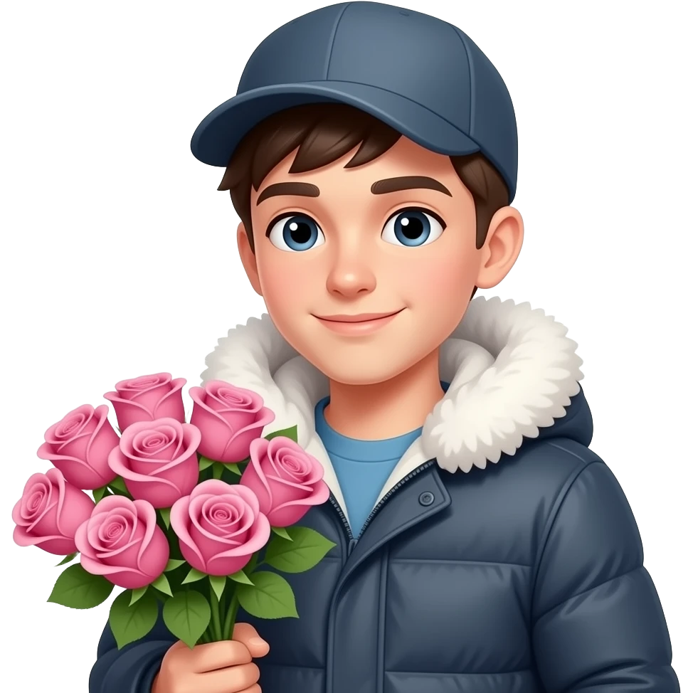 young Man, cap, winter cloth,  Holding Pink Roses closeup, bust size emoji
