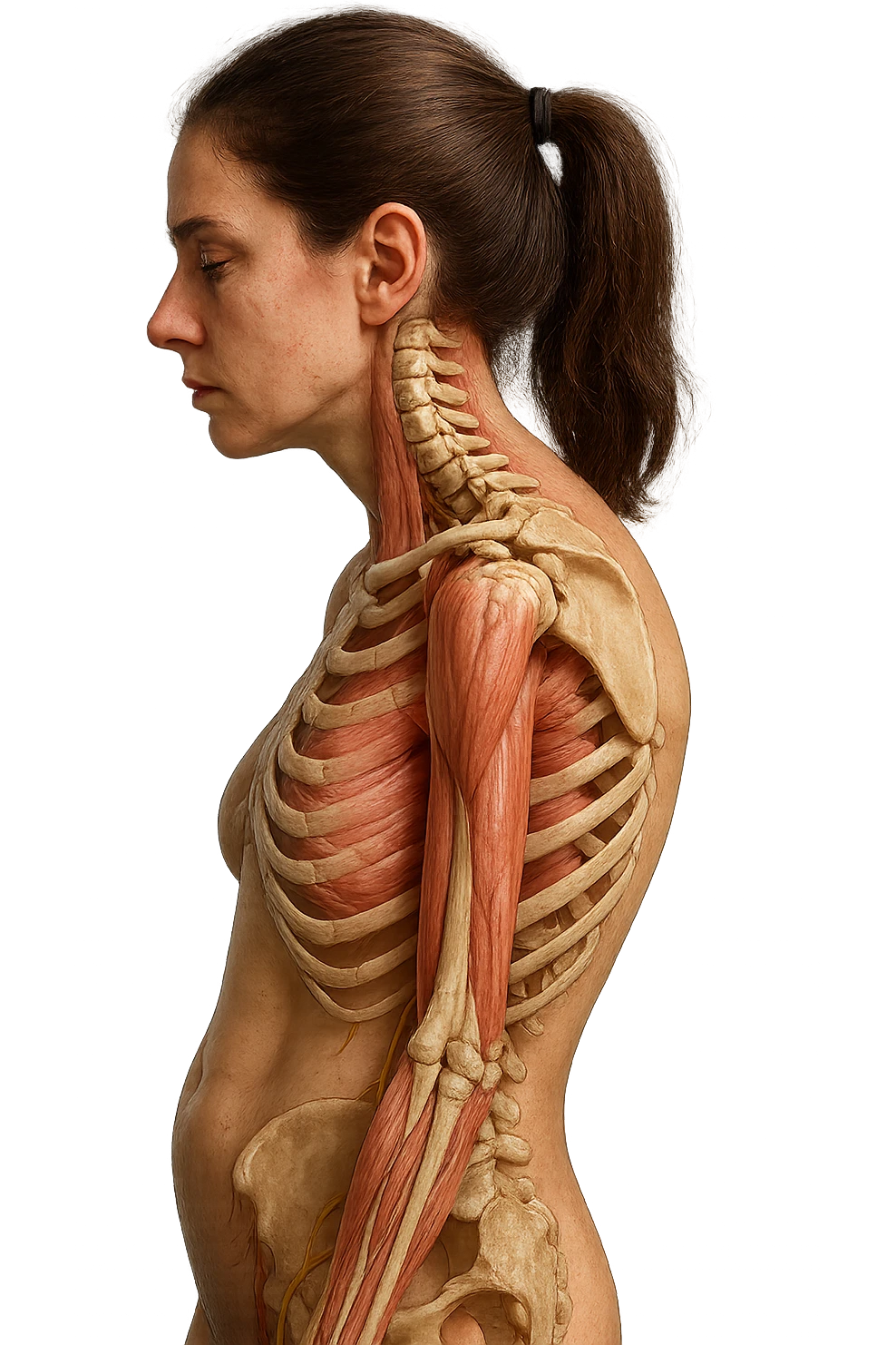 corpo umano anatomico di una donna di profilo con postura errata e spalle curve in avanti
IPERREALISTICO 4K emoji