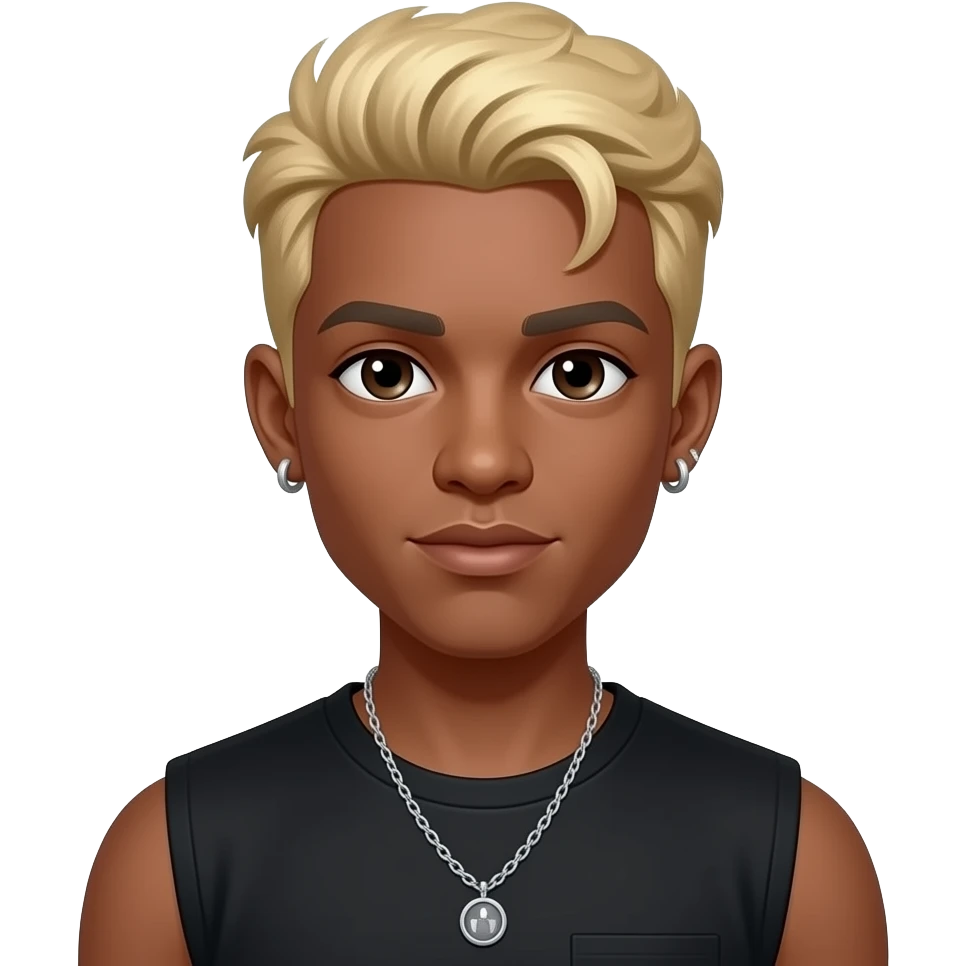 Prodigy from Mindless Behavior with dark skin, dark brown eyes, blonde hair, black sleeveless shirt, necklace and earrings emoji