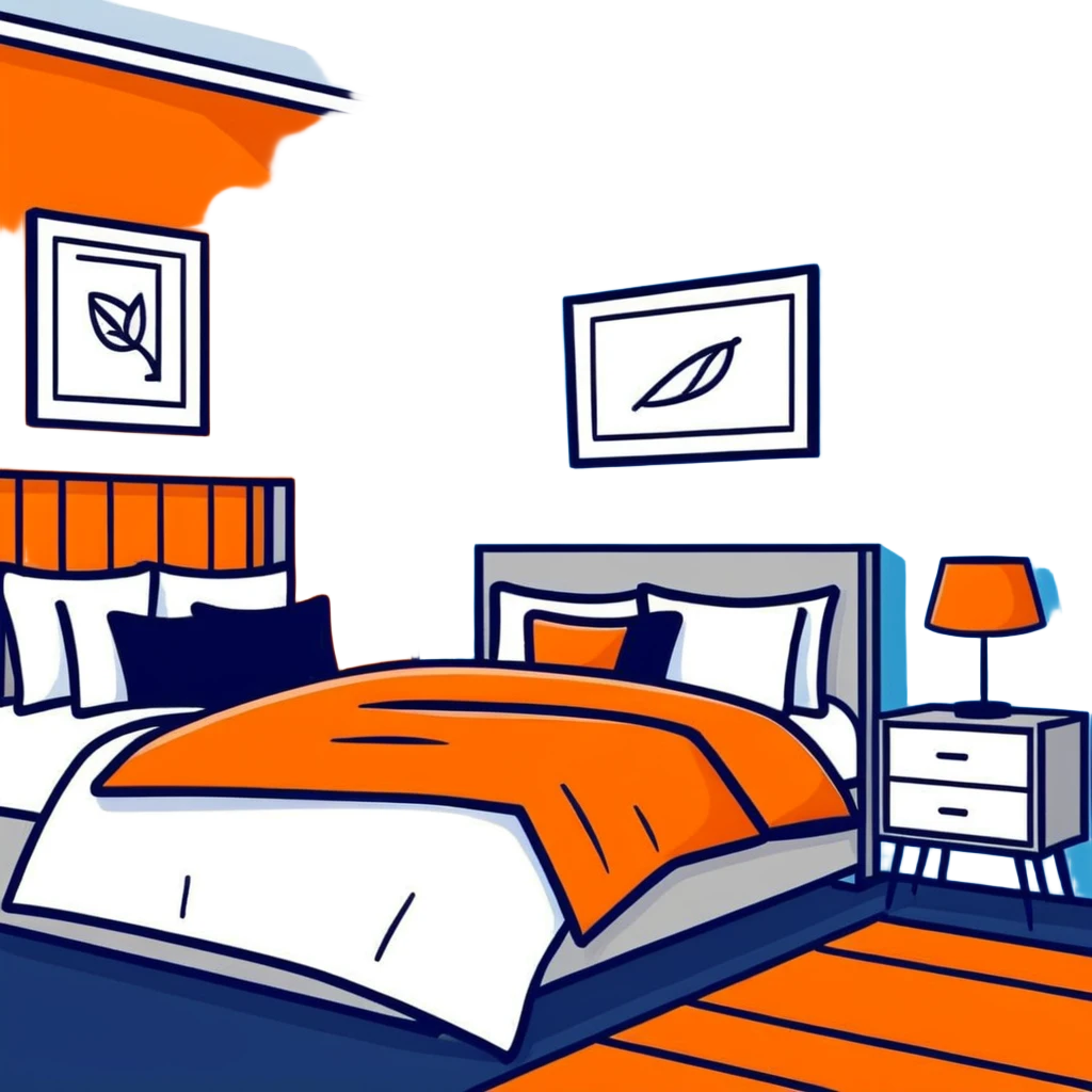 clean modern bedroom with blue walls and decor, contemporary design emoji