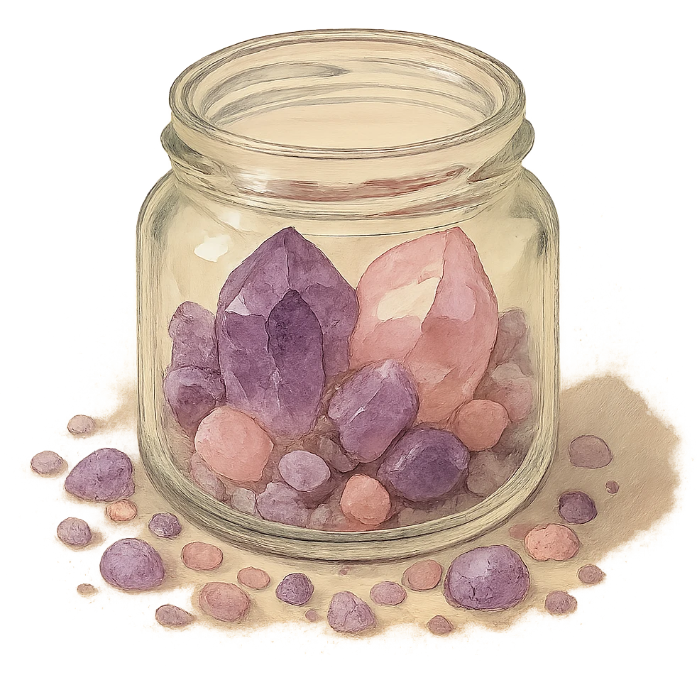 very realistic amethyst and rose quartz crystal pieces in an open glass jar, pretty small rough pebbles, mixed together, natural colors, soft, fairy-like atmosphere, no background, square size emoji