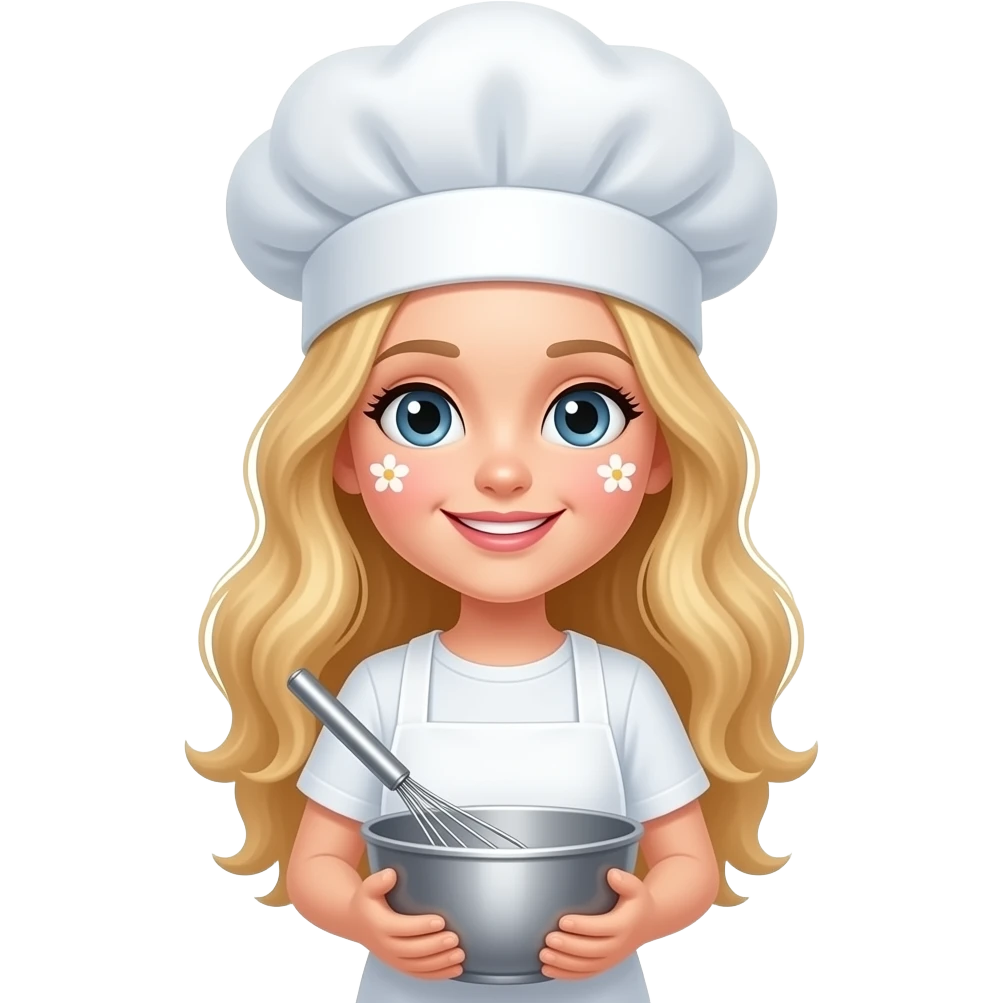 White sweet girl long blond hair dressed in white chef hat and white apron flower in face, standing with a mixing bowl emoji