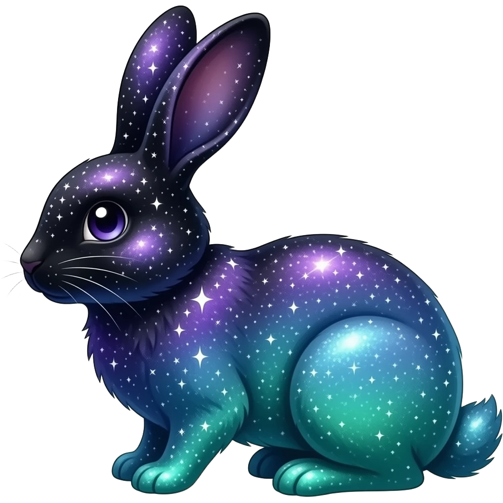 Celestial bunny, black-purple-blue-cyan-green-gradient shimmering shiny galactical starry sparkling, full body emoji