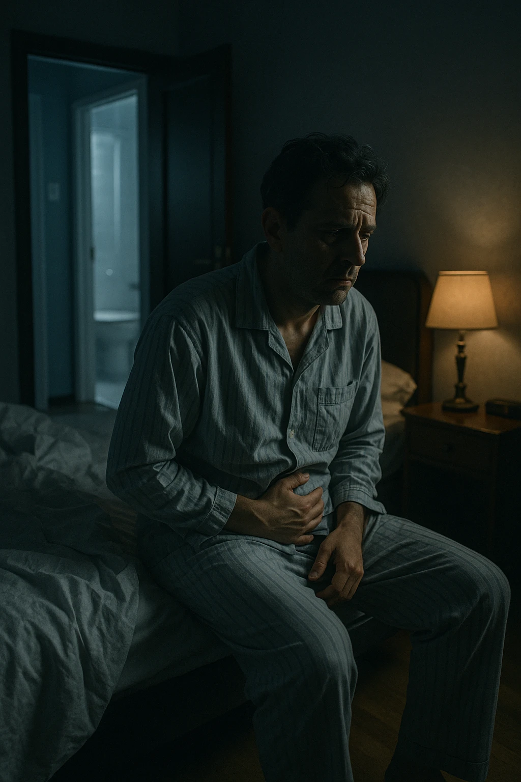 A nighttime scene inside a dimly lit bedroom. A man in his 50s sits stanco sul bordo del letto, con lo sguardo perso nel vuoto, mentre una luce fioca proviene dalla lampada sul comodino. Indossa un pigiama spiegazzato, e si tiene leggermente la zona bassa dell’addome. Dietro di lui, il letto è visibilmente disfatto, segno di sonno interrotto. Una porta socchiusa sullo sfondo mostra la luce accesa in bagno, con il pavimento riflettente che indica i numerosi passaggi notturni. Il tono è cupo ma realistico, con colori freddi, blu e grigi, e un leggero bagliore lunare che filtra dalla finestra. Stile: 35mm film, profondità emotiva, dettaglio ambientale. in italiano emoji