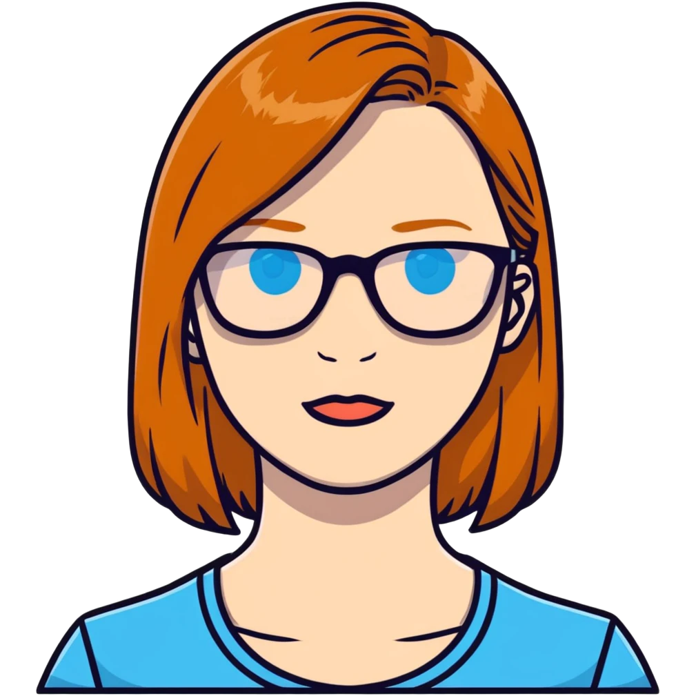 woman with pale skin, ginger straight hair, black glasses, blue eyes emoji