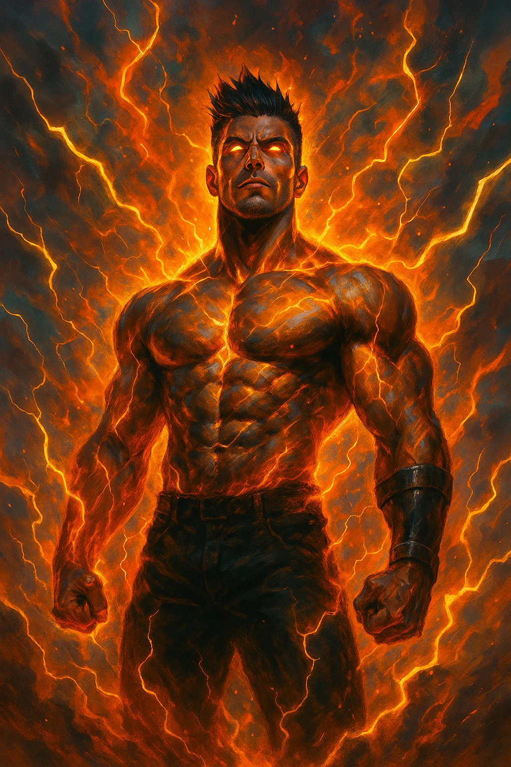 a muscular man with spiky hair stands in a powerful pose, surrounded by a glowing, fiery aura His eyes are intense and determined, and his body radiates energy and confidence. Lightning bolts and energy waves crackle around him, symbolizing a surge of testosterone and vitality. The background is dramatic, with swirling clouds and vibrant colors. emoji