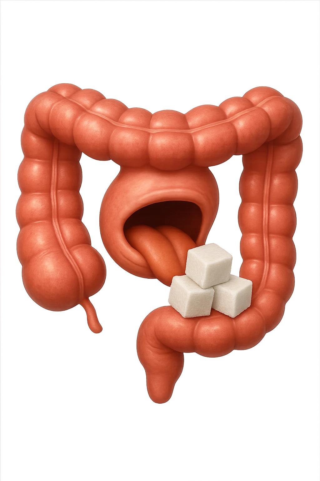 emoji stile iphone di un intestino anatomico che mangia zollette di zucchero, iperrealistico 4k, isolato su sfondo bianco emoji