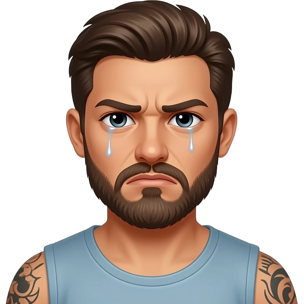 A really sad but angry because he found out she was cheating on him with a bald, headed red bearded guy, andthey are always arguingLatino couple man has a beard, medium hair and tattoos and his wife is beautiful with hazel eyes and shoulder length brown hair and their relationship is broken emoji