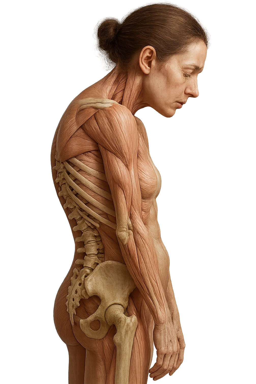 donna anatomica di profilo con spalle chiuse in avanti e postura storta, spina dorsale anatomica visibile, iperrealistico 4k emoji