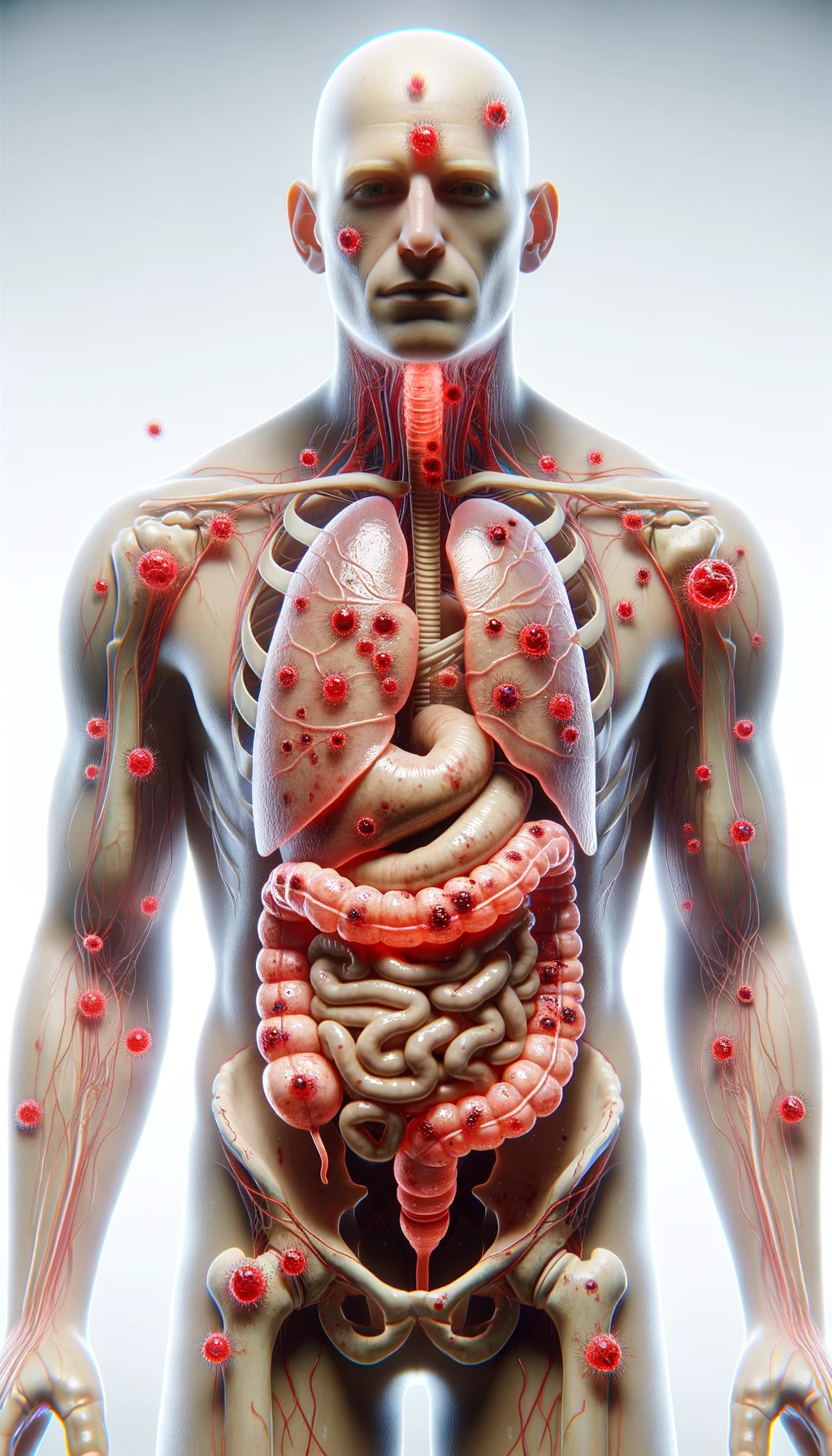 corpo umano anatomico con parassiti nell'intestino e red spot di infiammazione sparsi sul corpo, espressione di dolore in volto, iperrealistico 4k , sfondo bianco emoji