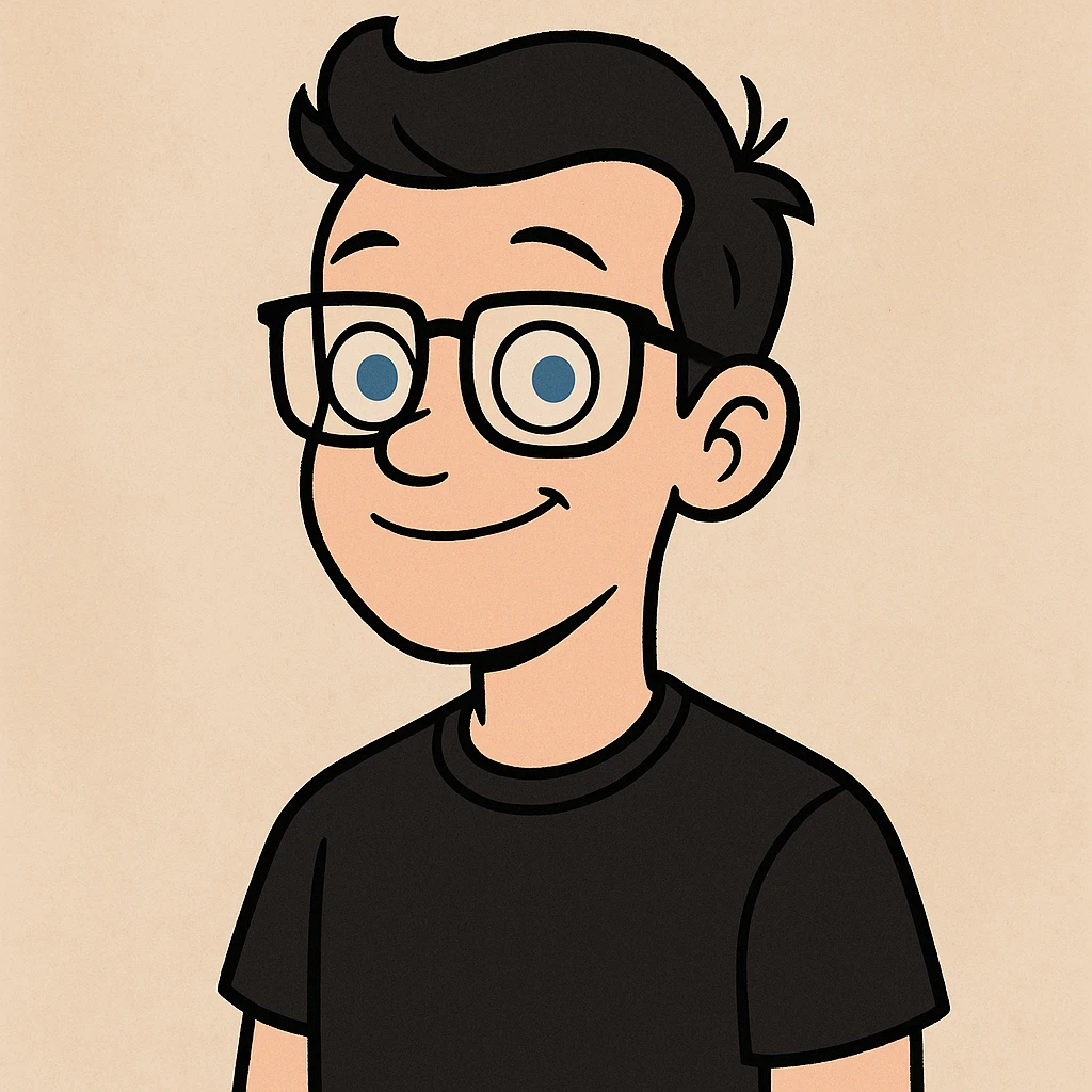 white boy, blue eyes, black glasses, black t-shirt, modern flat illustration style emoji