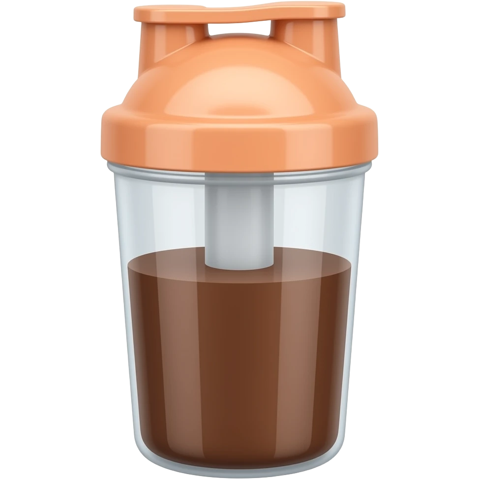 A peach-colored protein shake shaker with chocolate liquid inside emoji