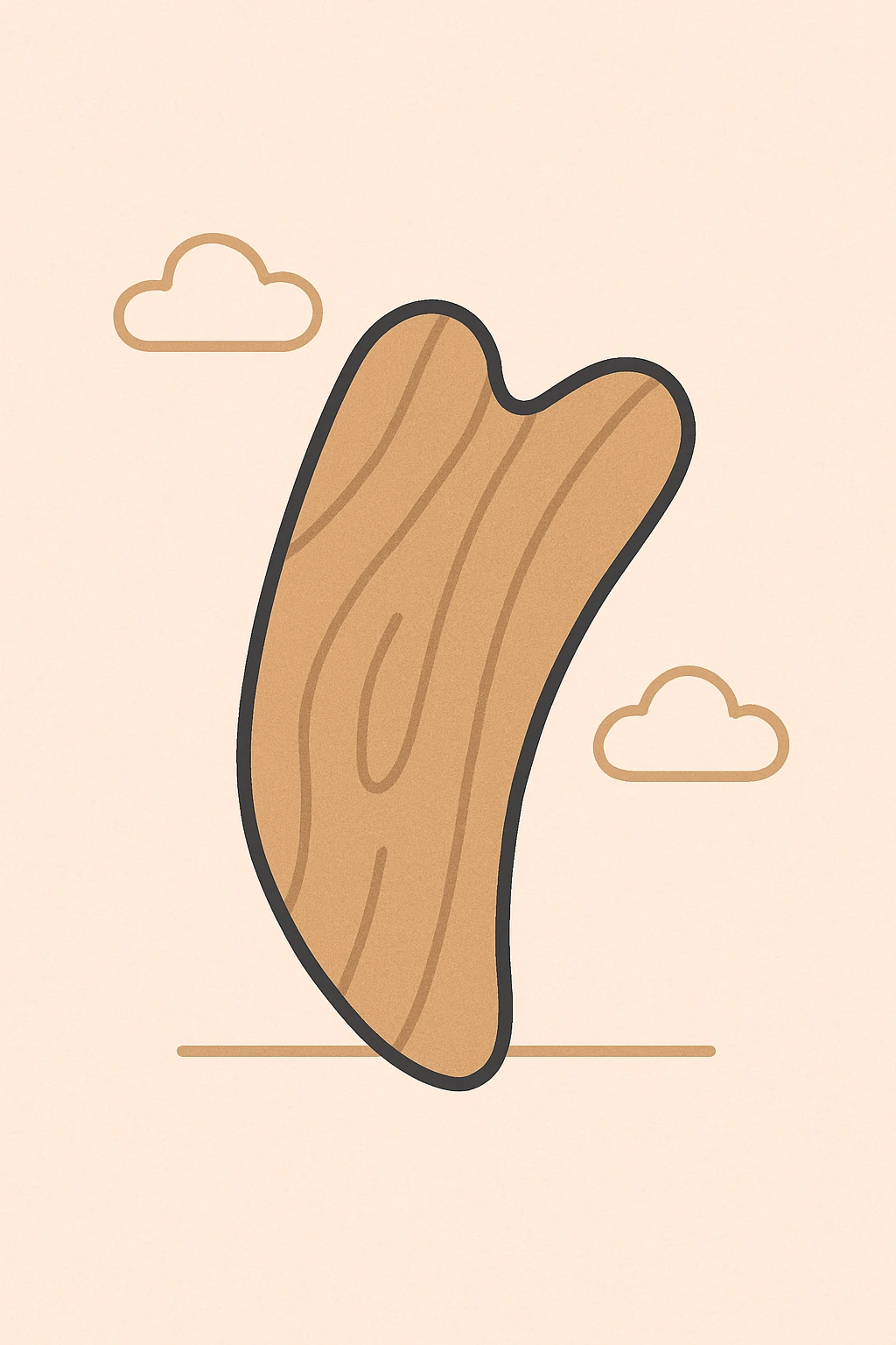 a tree wood gua sha tool, minimal style, simple lines, light brown color emoji