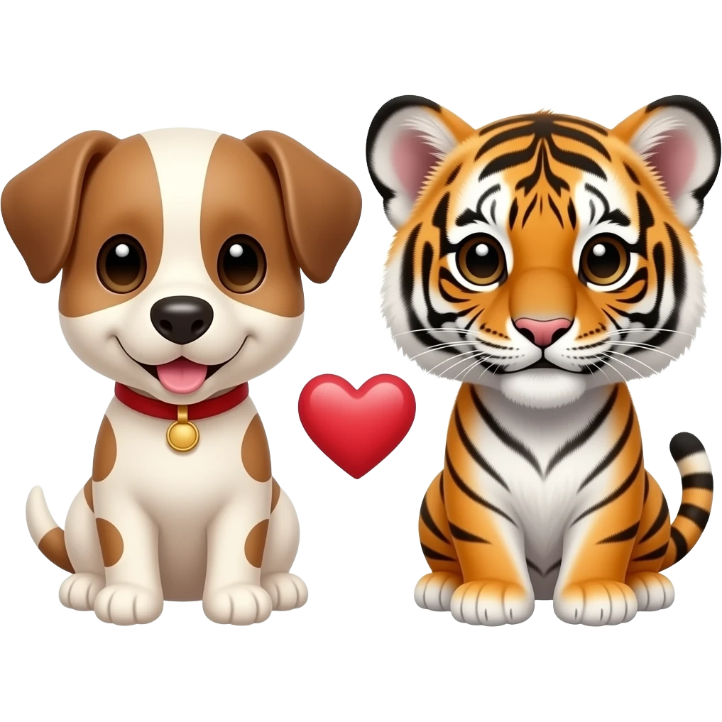 puppy dog and tiger cub with small double love heart in between emoji