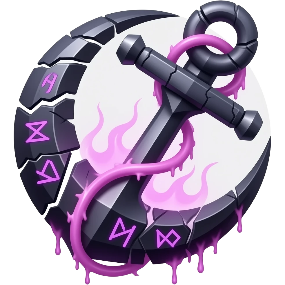 „blackened crescent‑moon fused with a jagged anchor, cracked runic engravings glowing violet, thin pink curse‑energy leaking like burning veins, soft moonlight catching the cracks, drifting shadow‑mist, ultra‑detailed, black‑violet‑pink palette, no characters“ emoji