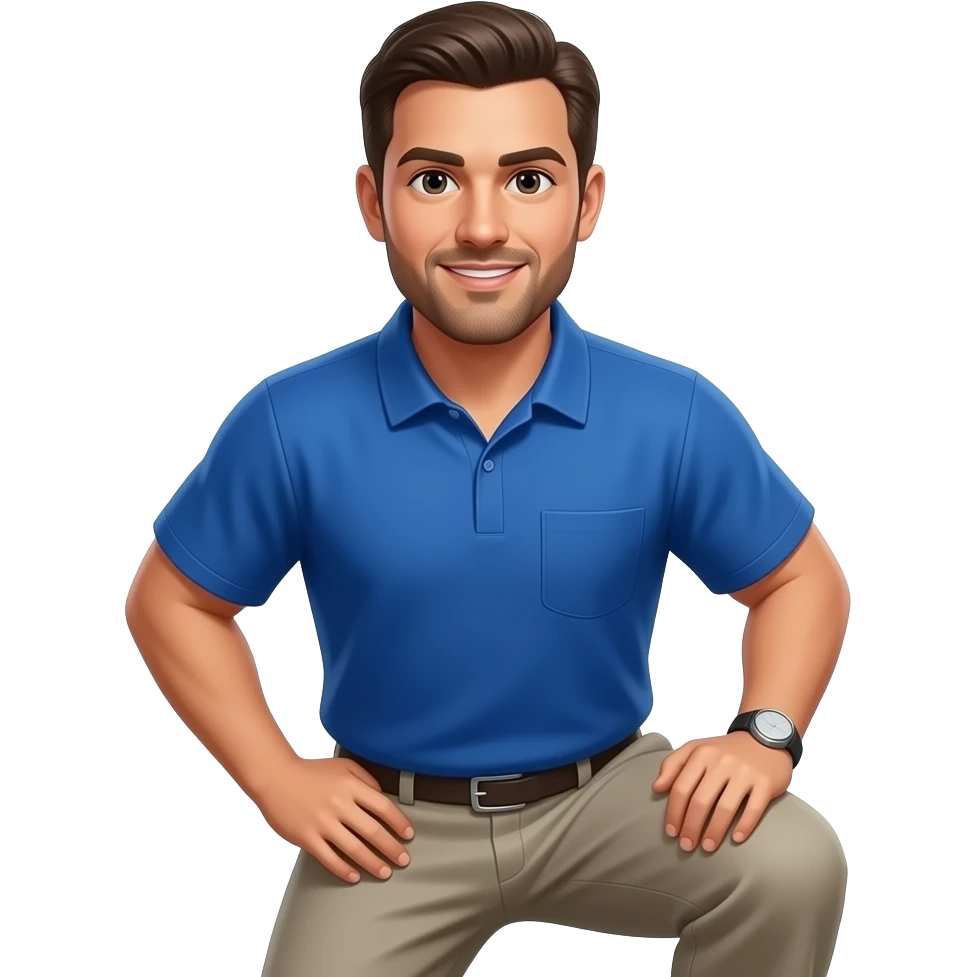 football coach in a blue shirt standing and touching his knee emoji