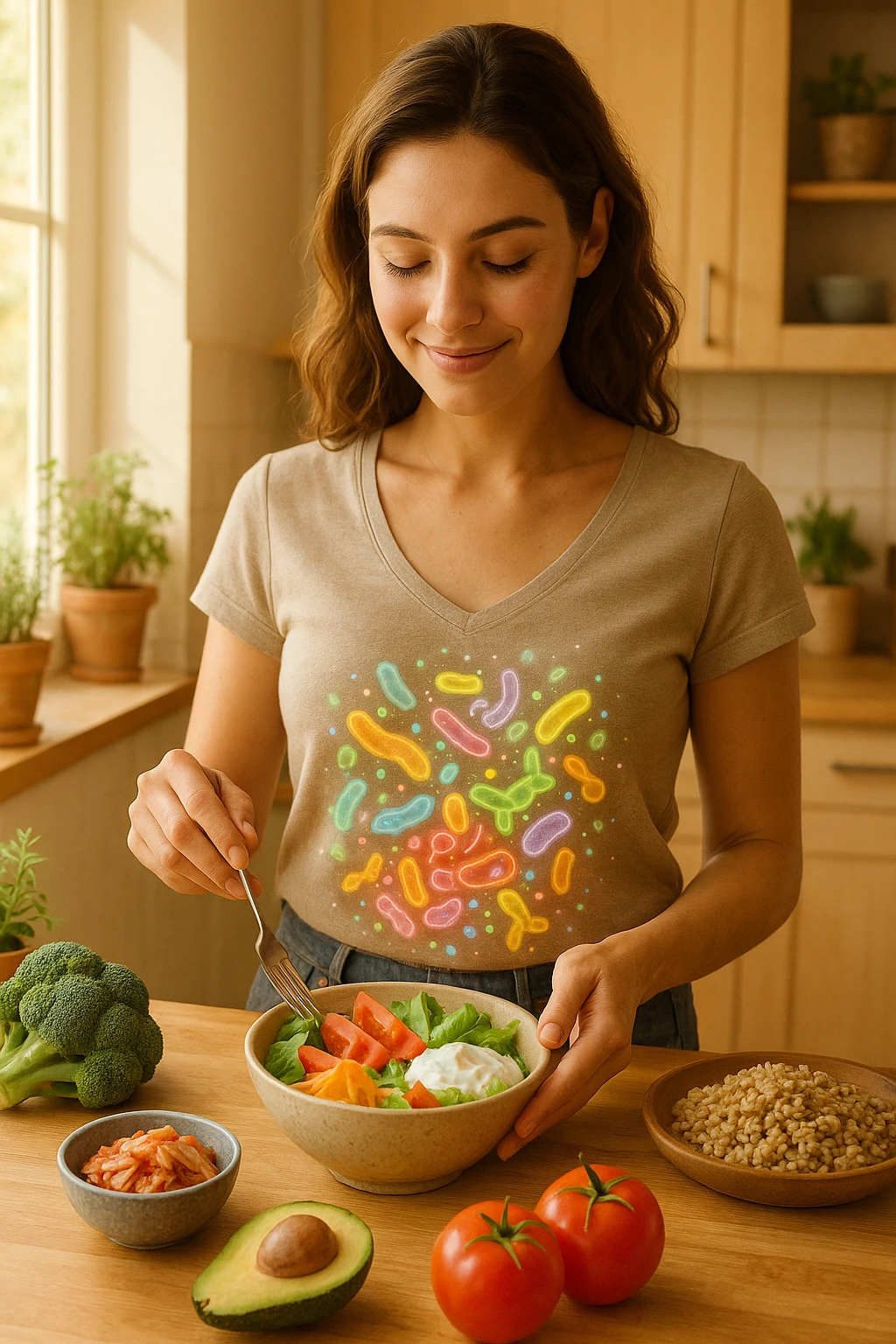 A realistic, warm-toned image of a young woman in a bright, cozy kitchen preparing a healthy meal rich in fiber and probiotics. She smiles softly, focused and calm, as she adds fresh vegetables, fermented foods like yogurt or kimchi, and whole grains to a bowl. Around her abdomen, a subtle, glowing overlay of balanced gut flora—colorful, friendly bacteria and microbes—swirls gently, symbolizing intestinal health and harmony. The setting is natural and inviting, with sunlight streaming through the window, potted herbs on the counter, and clean wooden surfaces. The overall mood conveys wellness, self-care, and the positive journey toward gut balance emoji