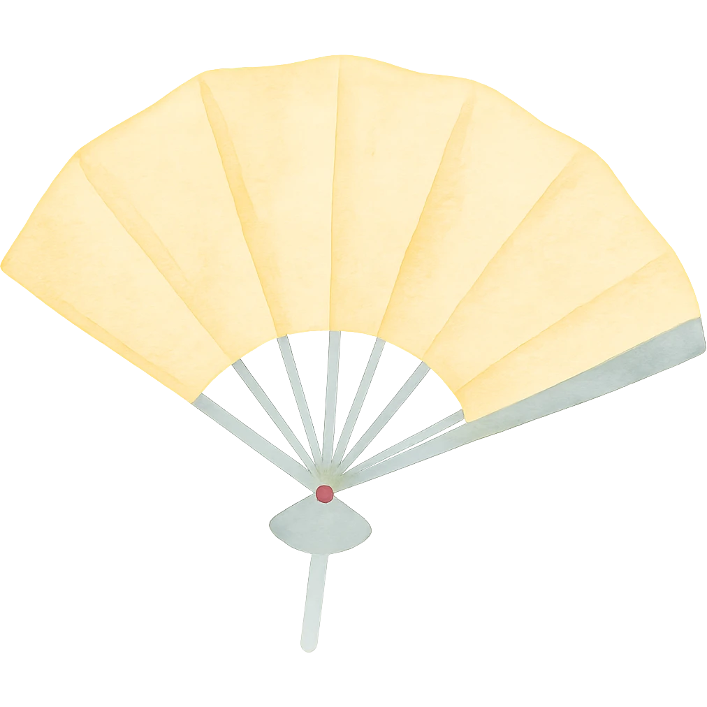 yellow open folding fan, dreamy painterly watercolor style, visible brushstrokes, saturated color and good contrast, matches the antique book style emoji