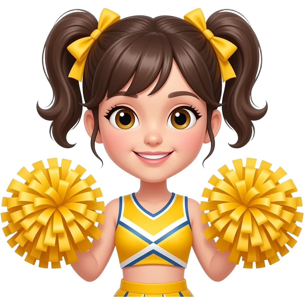 listen carefully a girl with two sided bun and wear vibrant yellow cheerlead outfit face close up and poom poom in hands emoji