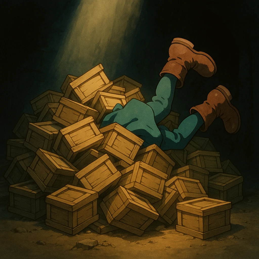 A pile of small oblong crates hidden in a dark area with a beam of light shining from above, with someone’s boots sticking out like they dove in emoji