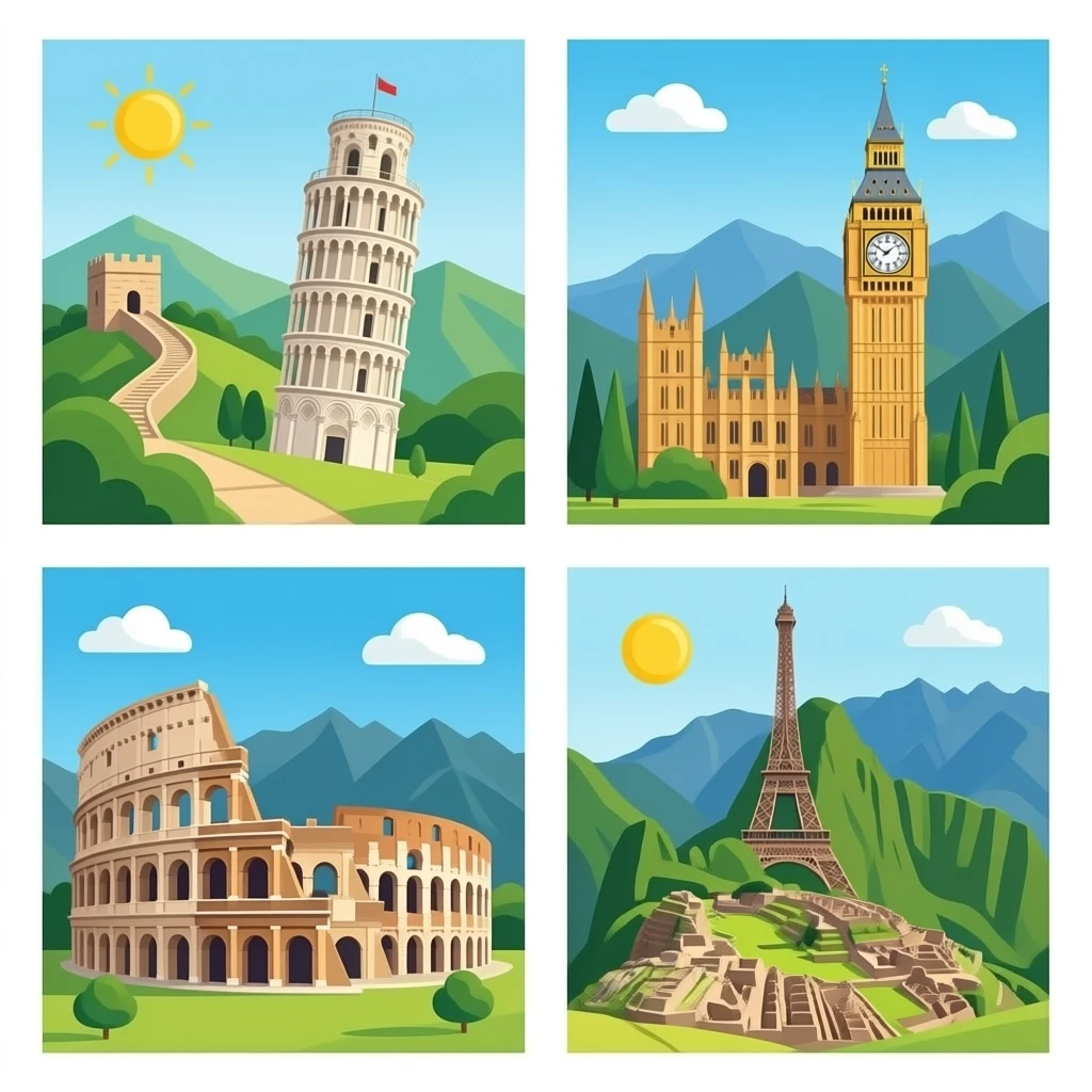 6 wonders: Great Wall of china, leaning tower of Pisa, Big Ben, Sad, colosseum, and Eiffel Tower, and Machu Picchu emoji