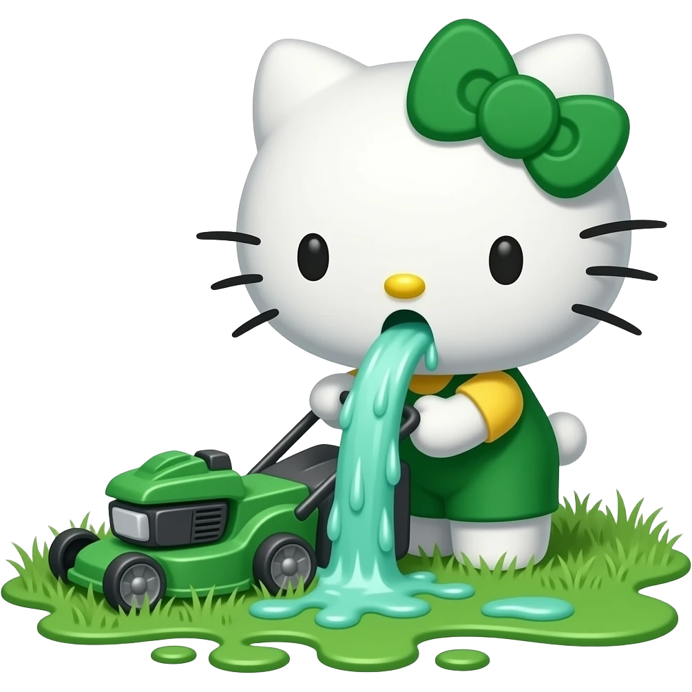 A green-and-white Hello Kitty is mowing the lawn with a lawnmower, and she’s throwing up a lot while she does it—she’s covered the ground in vomit, and it’s pouring out of her mouth like Niagara Falls emoji