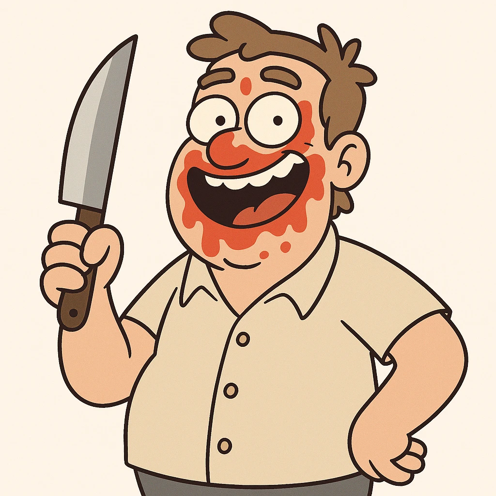 cartoon man holding a knife with ketchup on face, funny and exaggerated, no realistic violence, white background emoji