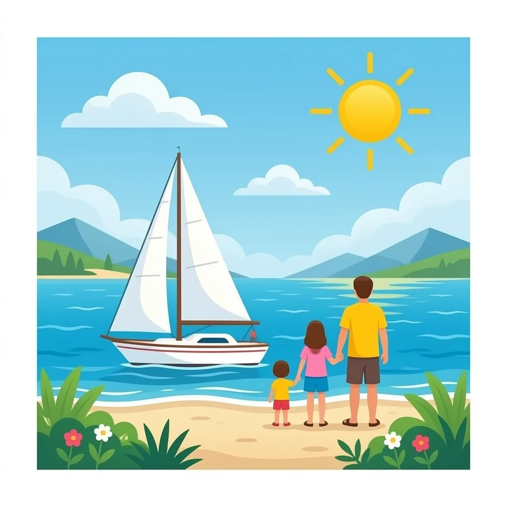 place on the sea or beach with a sailboat and family emoji