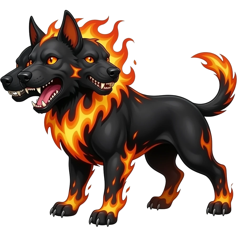 cinematic - cerberus, a three-headed evil black flaming dog that guards the gates of the underworld emoji