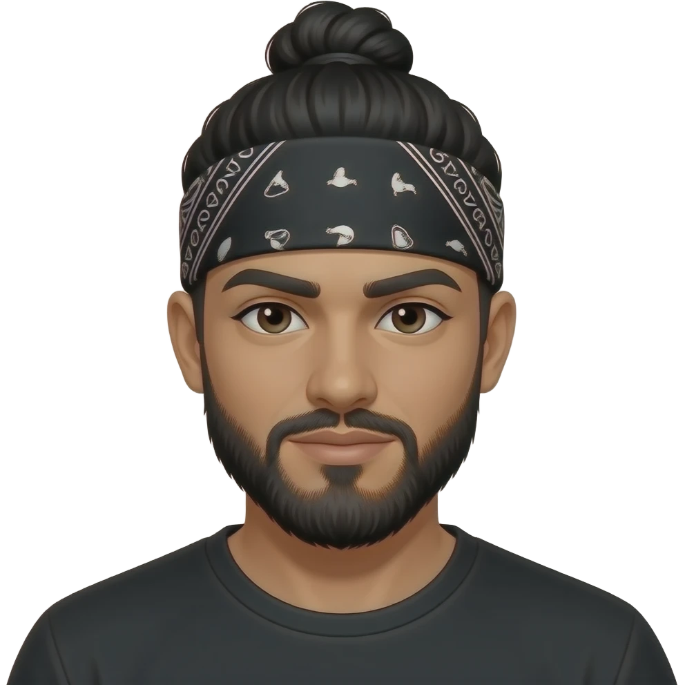 Hair color in pony /man bun/top knot black bandana more eyeliner trimmed full beard stubble with long goatee emoji