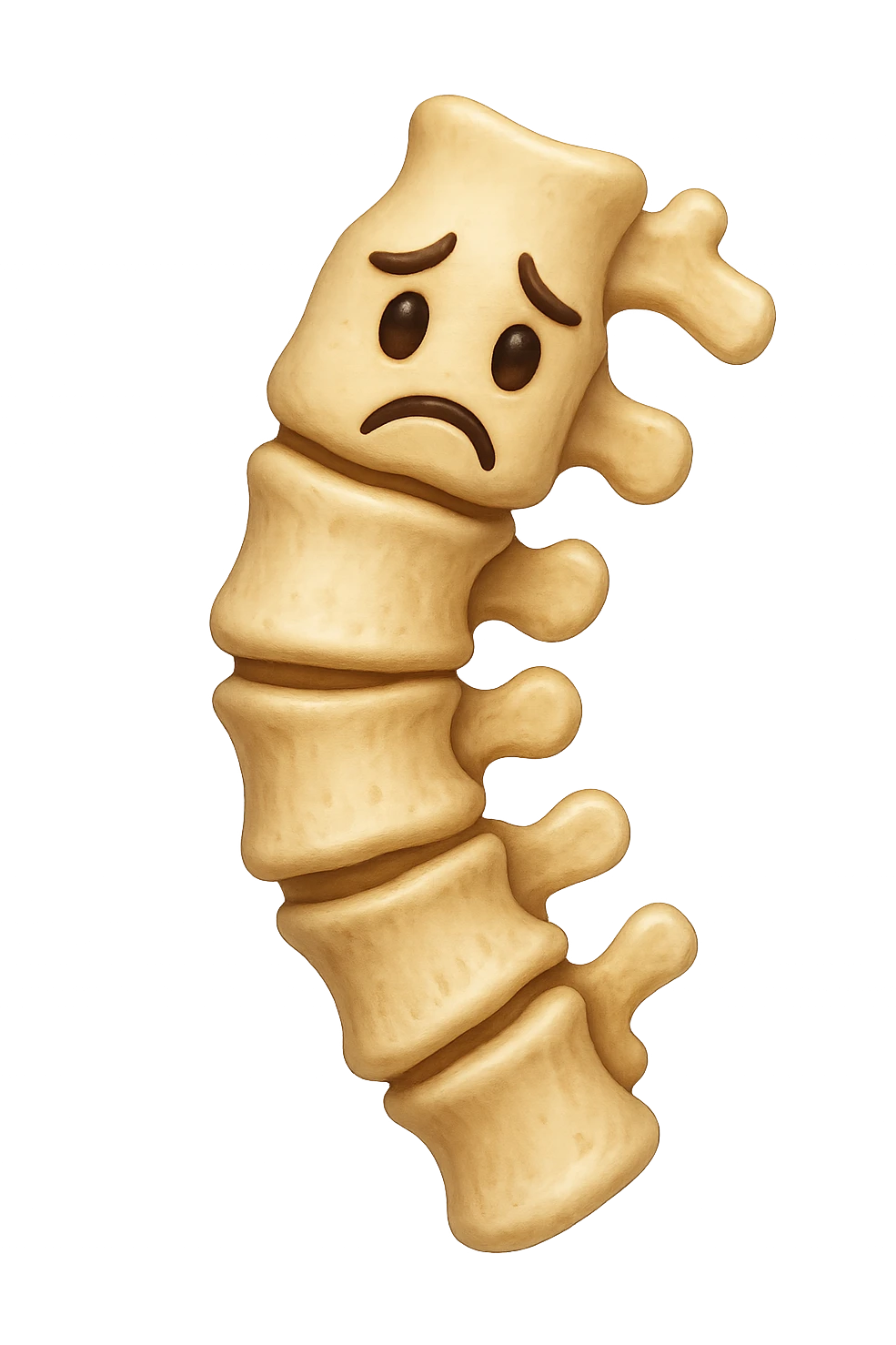 emoji stile iphone di una spina dorsale storta con espressione triste, iperrealistico 4k, isolato su sfondo bianco emoji