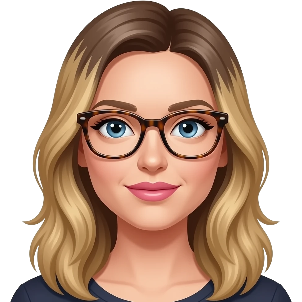 woman with long dirty blond highlighted hair, tortise shell glasses, pink lips, and blue eyes emoji