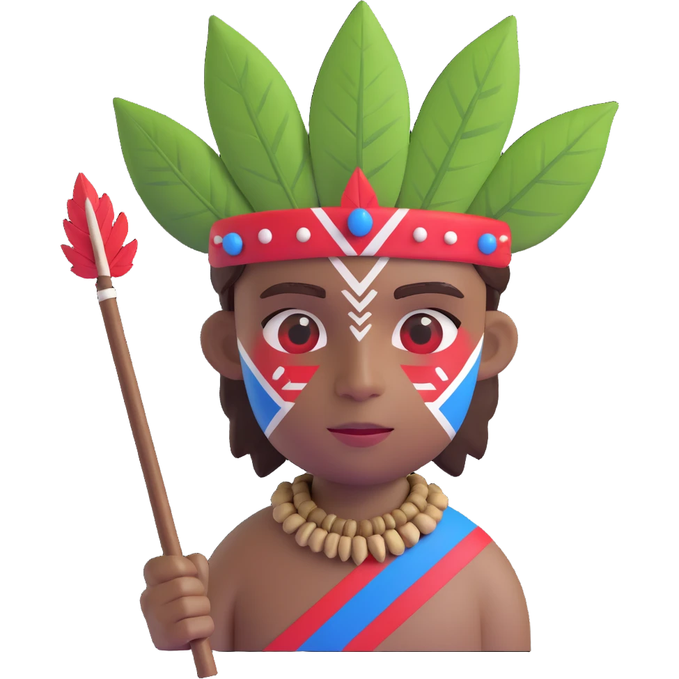 fierce tribal boy emoji inspired by Roger from Lord of the Flies, face painted with red white and blue stripes, wearing a leaf covering, holding a sharp-edged stick emoji