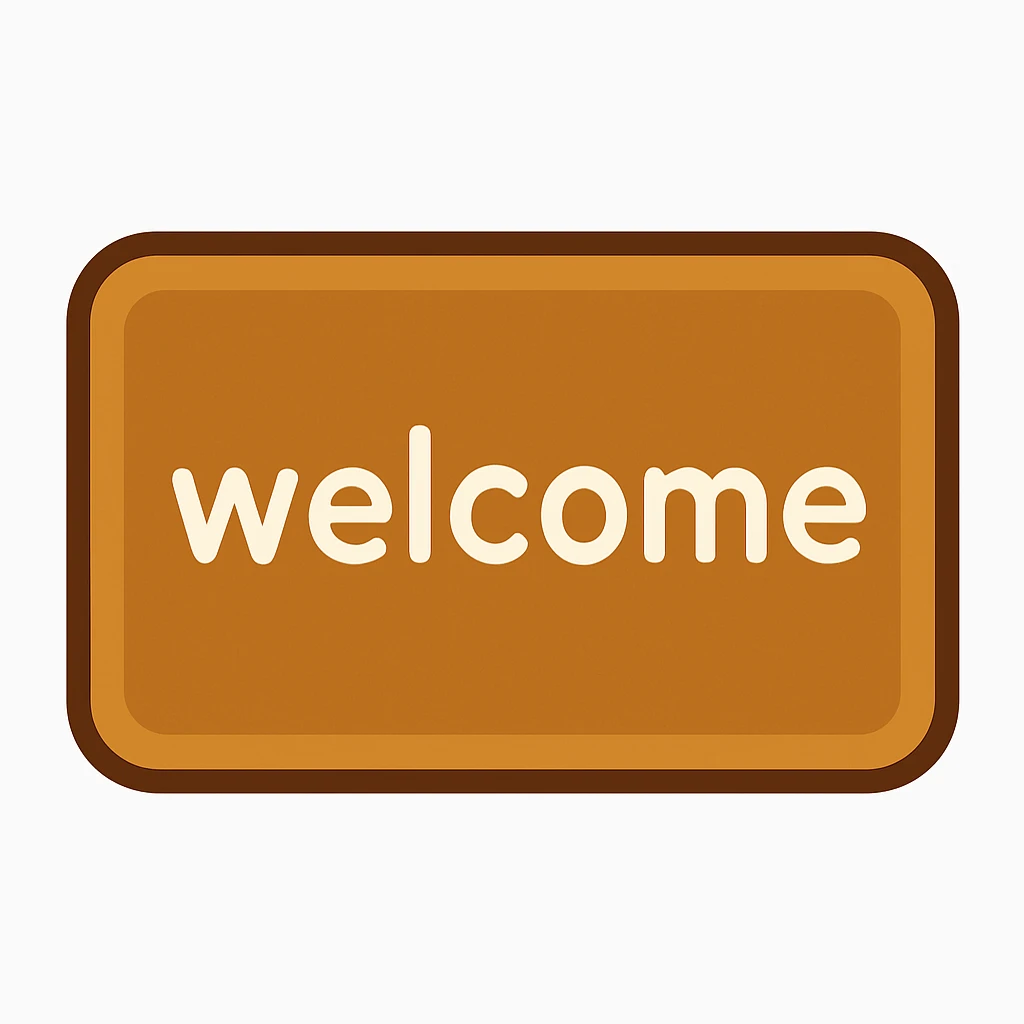 Create a simple emoji-style icon of a welcome door mat. Keep the rectangular shape and include the word 'welcome' clearly visible on the mat. The style should resemble a clean, minimal emoji look. emoji