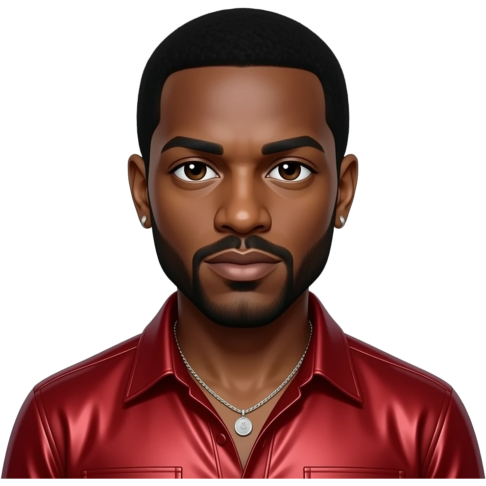 Big Boi from Outkast with dark brown eyes, black hair, red metallic shirt, necklace and earrings emoji