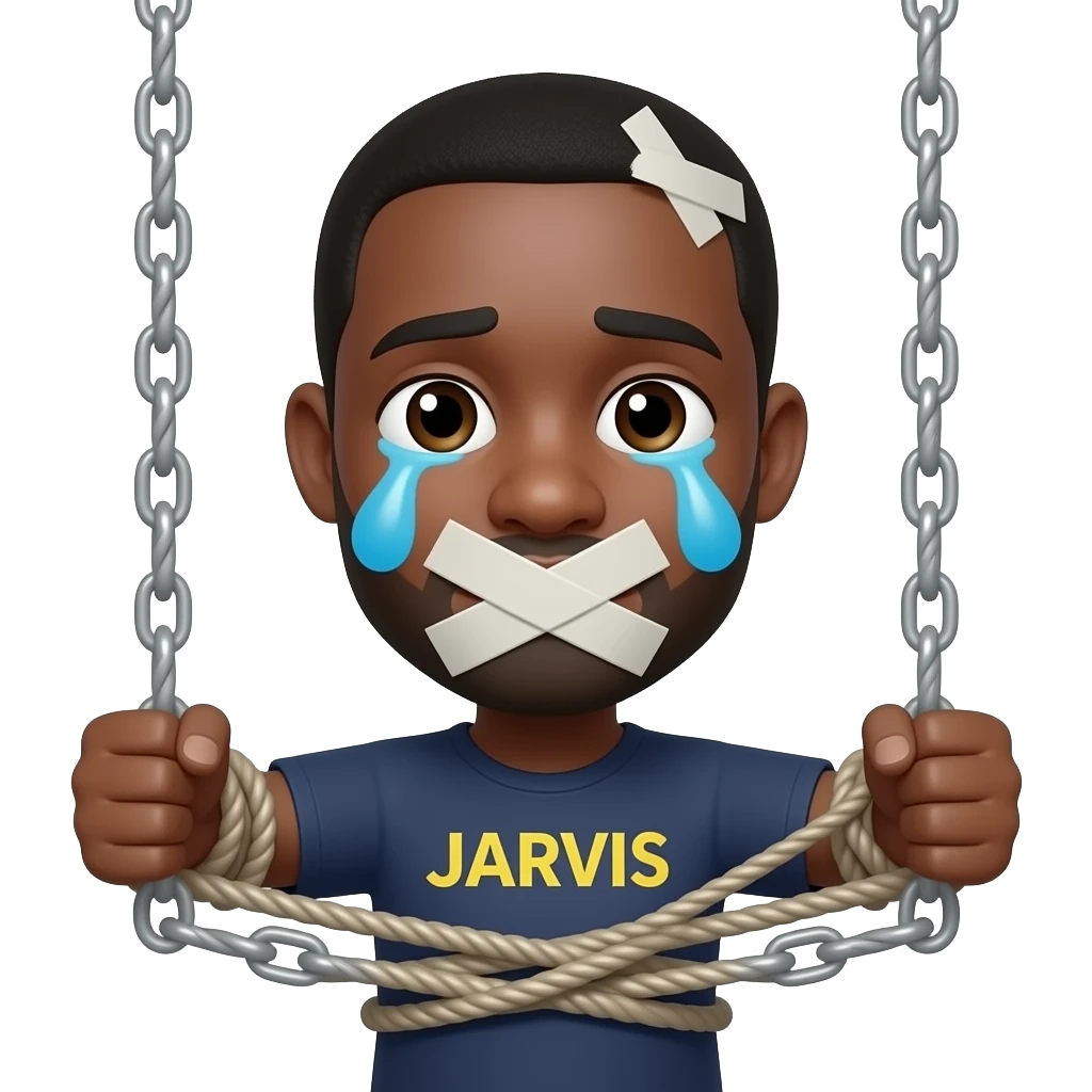 Make an emoji of a black man tied up in a sex swing with a word JARVIS on his shirt and his mouth taped shut with tears coming out his eyes and a lump on his head and tape on his mouth emoji