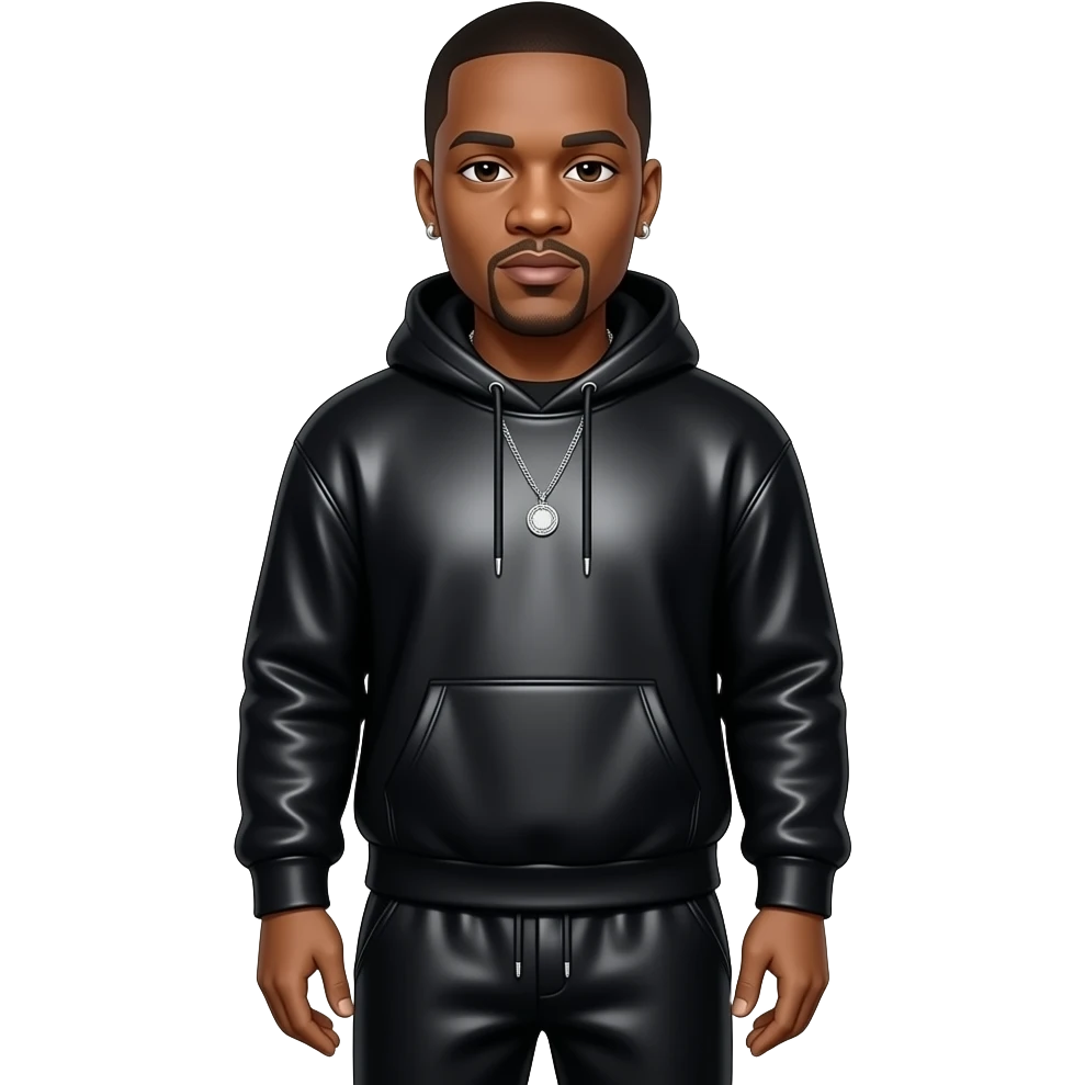 Jay-Z with dark brown eyes, black hair, black metallic sweatshirt, black metallic baggy sweatpants, necklace and short earrings emoji