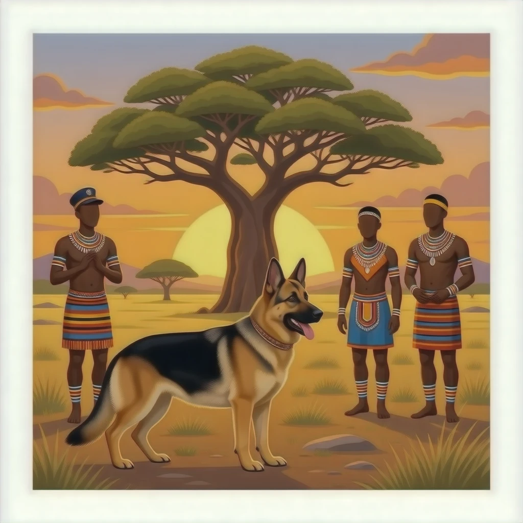 Anti poaching k9 german sheppards surrounding african savanna plains sunset boabab traditional dancers rythm emoji