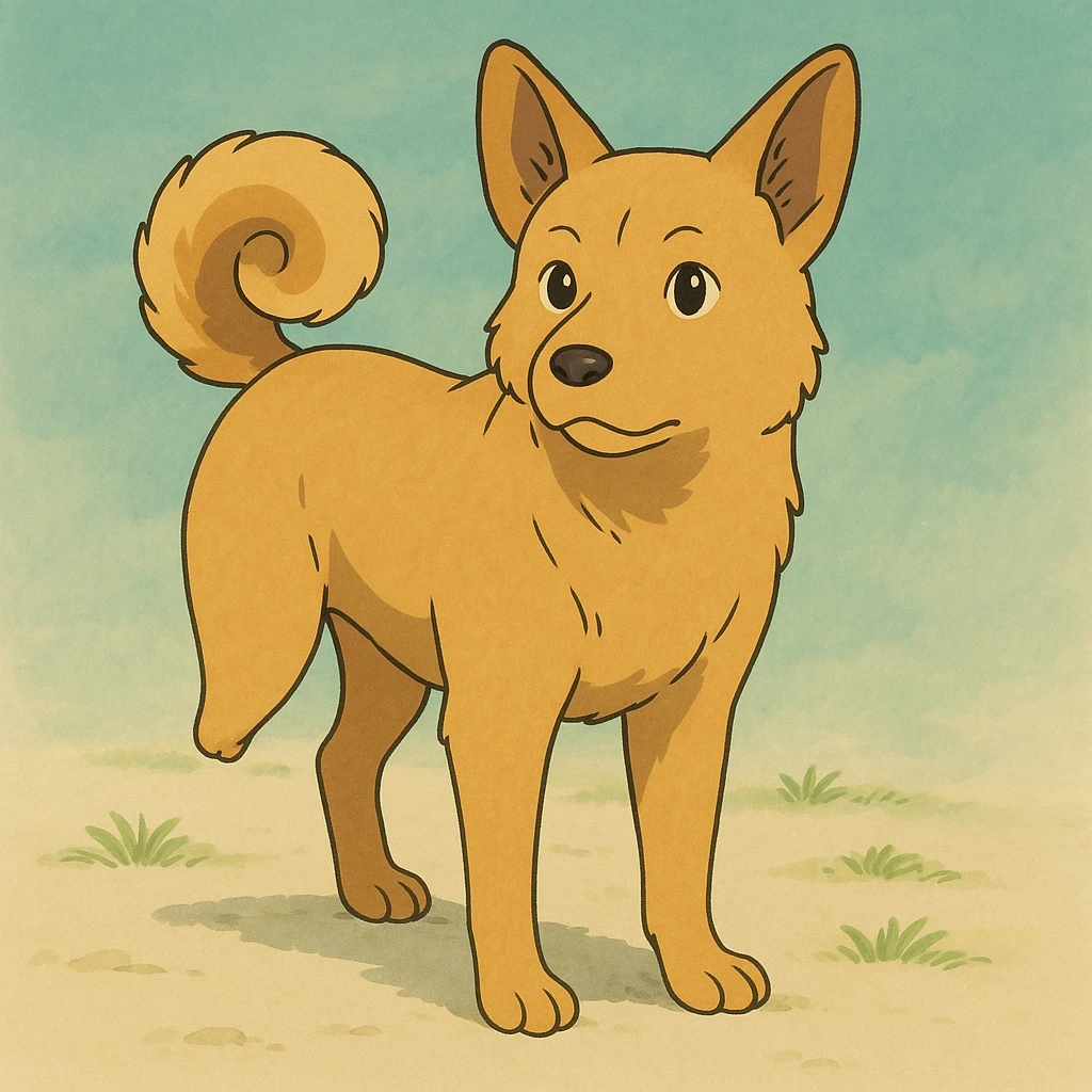medium-sized sandy colored dog with one back leg missing, tail curled up onto its back, attentive upright ears, ghibli animation style, simple background emoji
