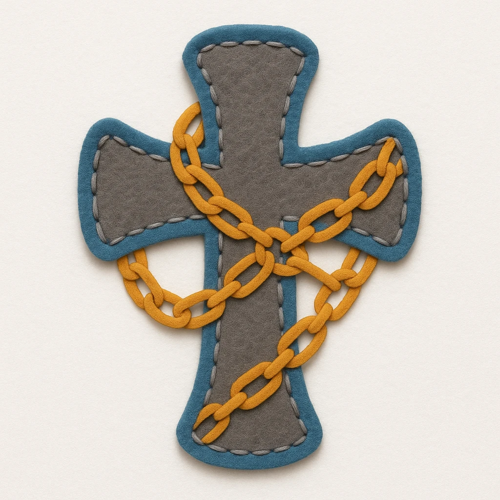 goth cross with chains, felt patch style emoji