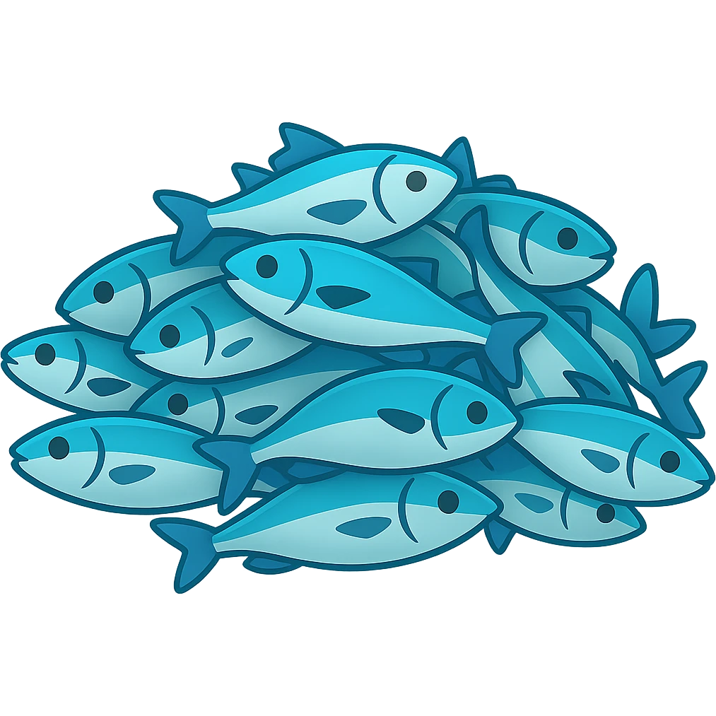 Create a large pile of blue fish in emoji style, variation 1. The image should resemble apple style emojis with concise details and vibrant blue colors, with slight variation in arrangement or shading from the base version. emoji