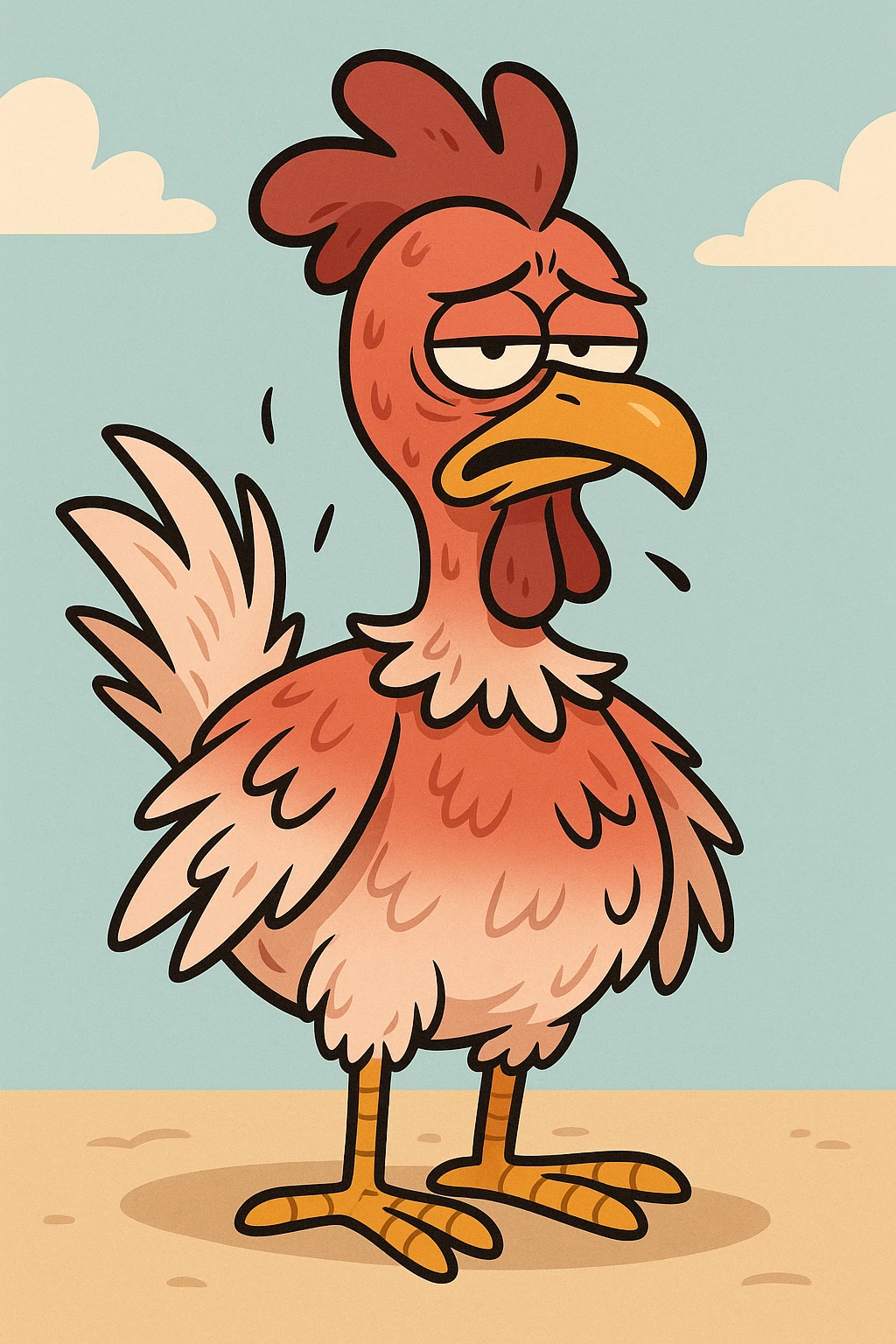 a sunburnt chicken, cartoon style, exaggerated red skin, ruffled feathers, looking uncomfortable emoji