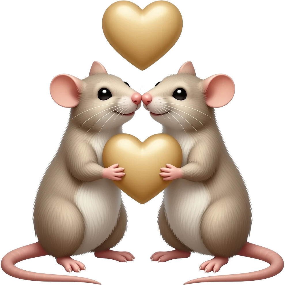 two beige realistic rats with beige hearts are kissing emoji