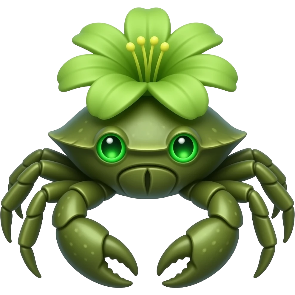A green crab with a green  flower growing on its back on its back green eyes glowing eyes facing forward emoji