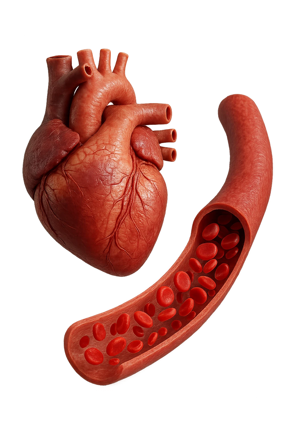 cuore anatomico umano fluttuano in aria insieme ad una vena umana con globuli rossi , iperrealistiche 4k emoji