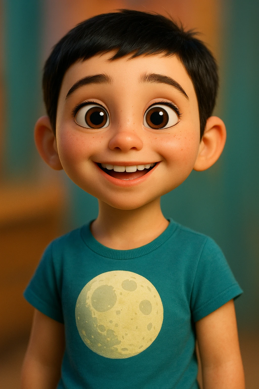 Pixar style young girl with very short black hair, light skin, wearing a t-shirt with a moon design emoji