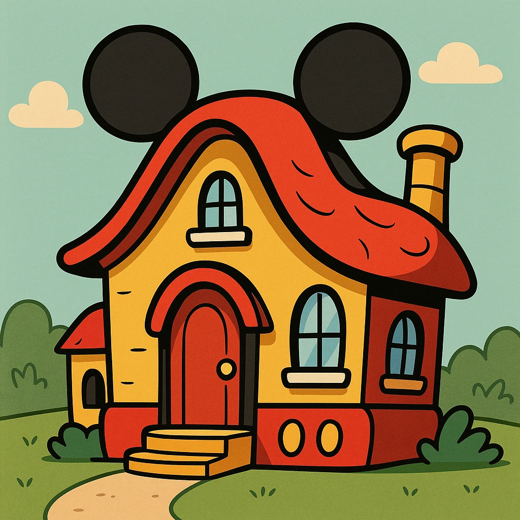 Mickey Mouse inspired house, cartoon style, playful and colorful, whimsical design, house with Mickey Mouse ears and colors emoji