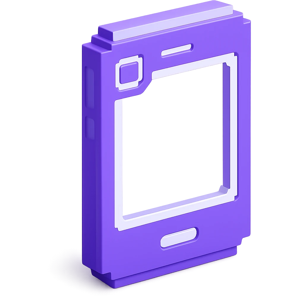 Make this 3D purple smartphone icon front facing, keep pixel art details and shiny look, with transparent background. emoji