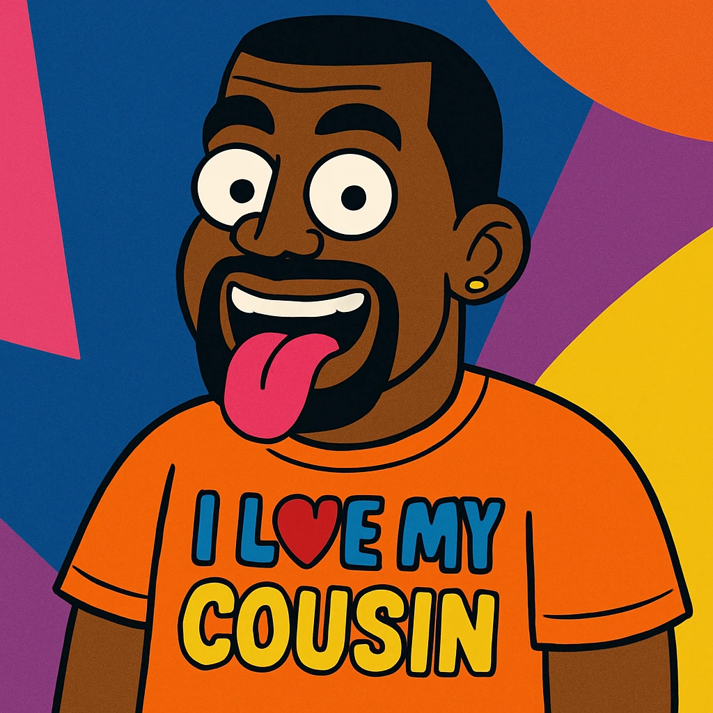 Kanye West with his tongue out, wearing a t-shirt that says 'I love my cousin', vibrant toon style emoji